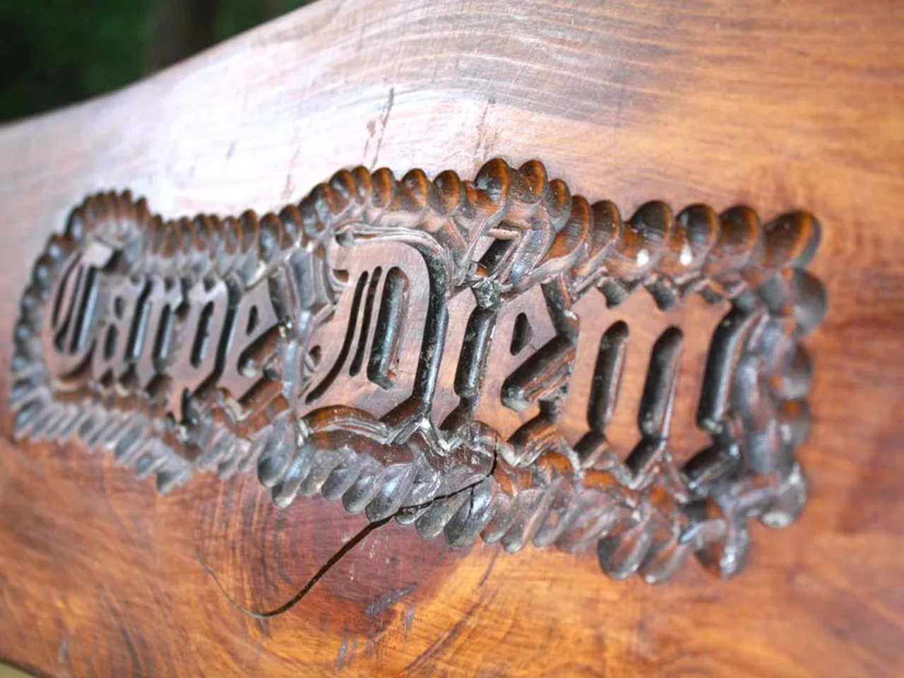 El cartel tallado en madera de Carpe Diem